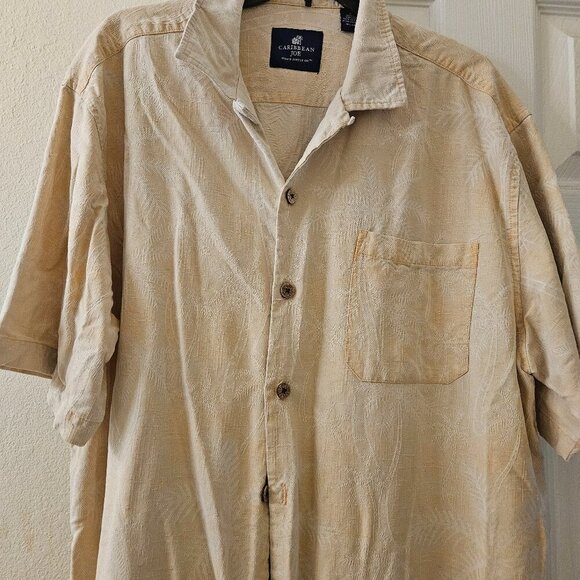 Carribean Joe Resort silk short sleeve beige palm tree print Button Up Shirt XL - Picture 1 of 11
